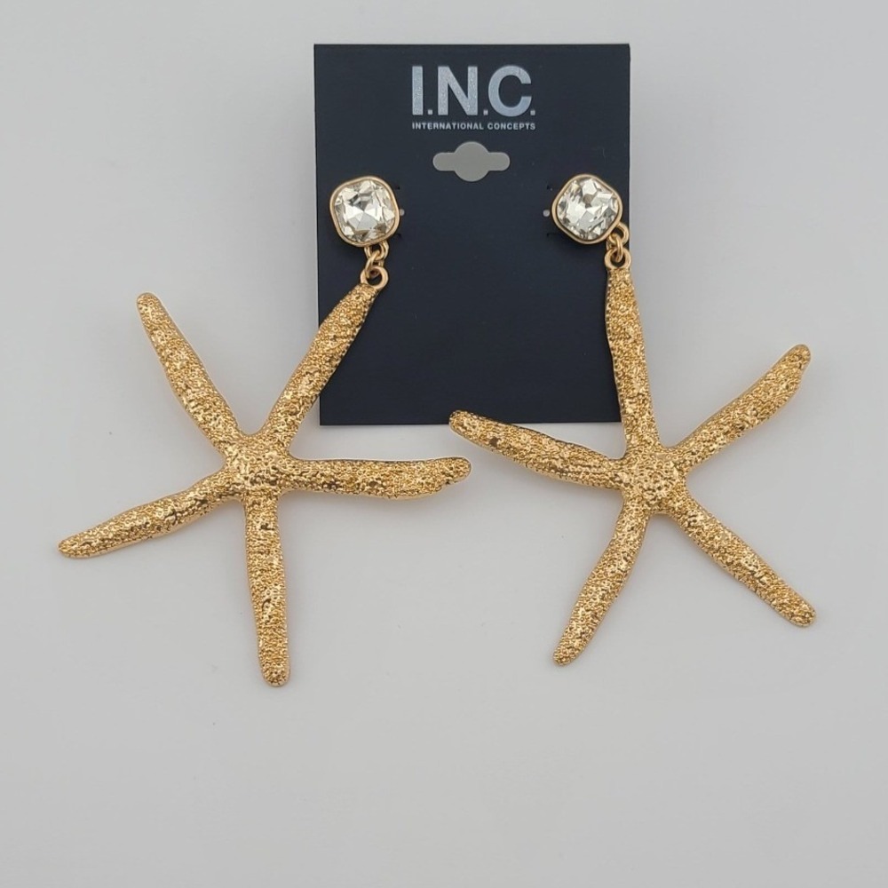 INC International Concepts Gold Starfish Drop Earrings Crystal Stud Nautical NEW